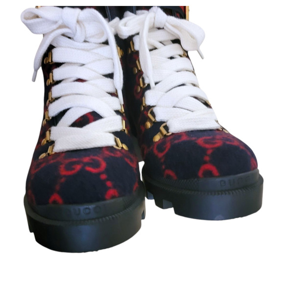 Gucci GG Monogram Wool Lace-Up Web Combat Platform Boots Navy Red 37.5 7.5 - Picture 6 of 13